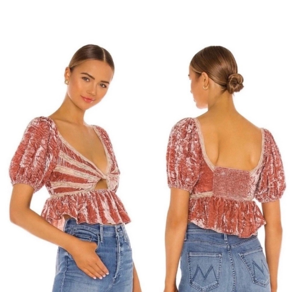 NWT Free People Mauve Crushed Velvet Lace Puff-Sleeve Crop Top Sz XS Boho Casual